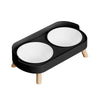 Black stainless steel double bowl for dogs and cats with wooden stand