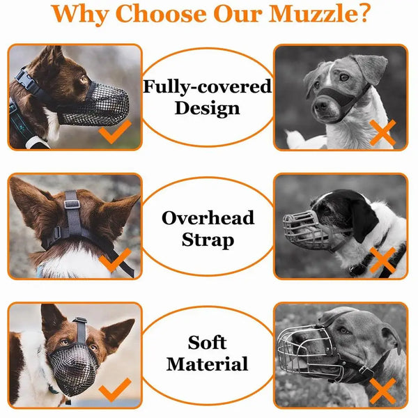 A fully-covered mesh dog muzzle with an overhead strap and soft material shown on a dog.