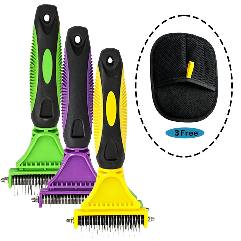 A set of three two-sided pet grooming brushes for dogs and cats in green, purple, and yellow.