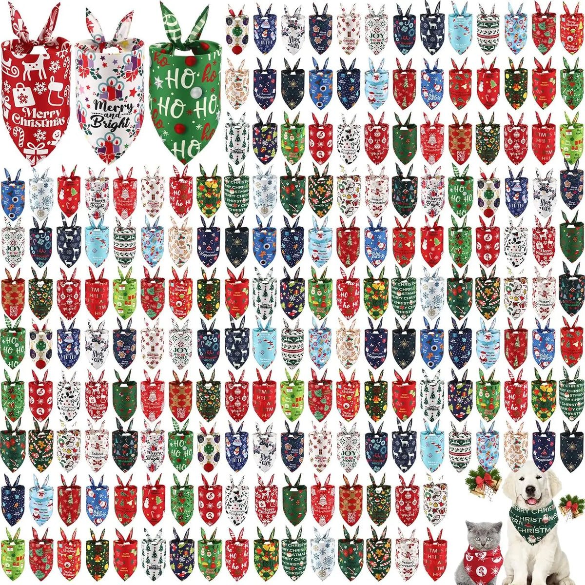 A pack of 100 donut print dog bandanas featuring various holiday and festive designs.