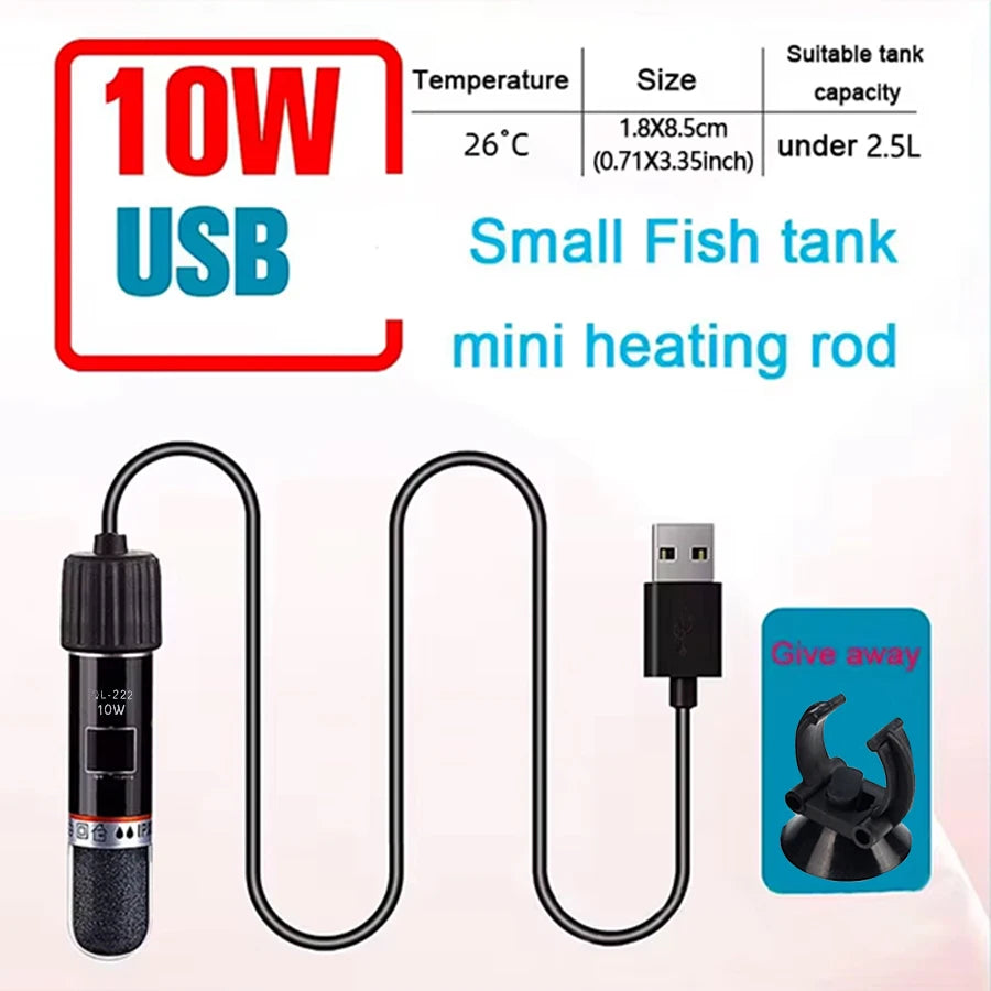 A black mini heating rod with a USB connector is shown next to specifications for a small fish tank heater.