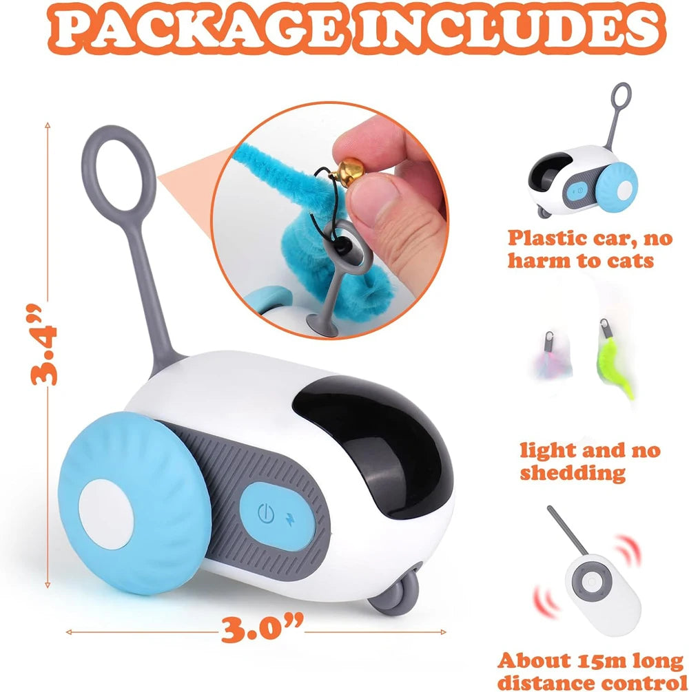 White automatic pet toy car for cats and dogs with a light and no shedding feature.