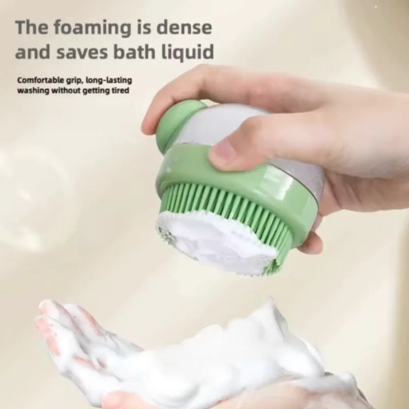 A hand is holding a green silicone pet bath brush with shampoo dispenser, showing its foamy texture on a paw.