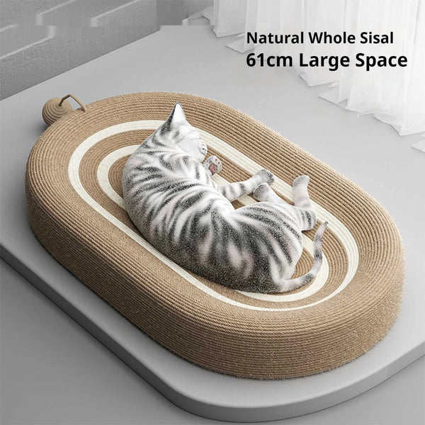 A gray tabby cat is relaxing on a natural woven sisal scratcher board designed for feline wellness.