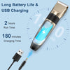 A cordless pet grooming clipper with a battery indicator showing 130mAh capacity and an attached USB charging cable.
