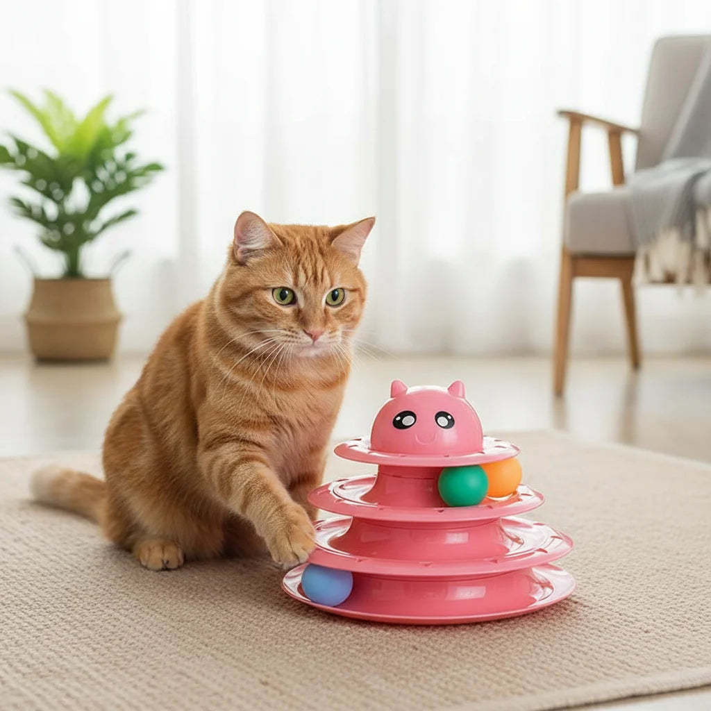 A pink 3-layer cat turntable toy with green and orange balls resting on a beige mat.