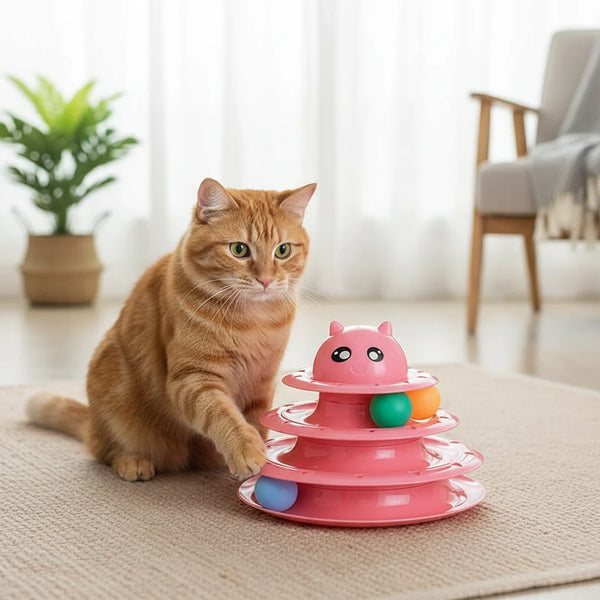 A pink 3-layer cat turntable toy with green and orange balls resting on a beige mat.