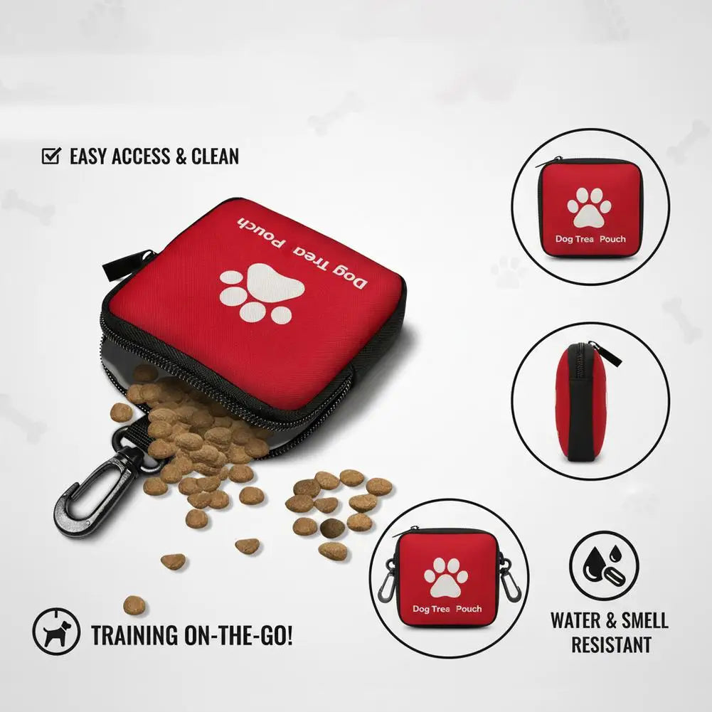 A red portable dog treat pouch with a clip is shown next to loose dog treats and a black belt.