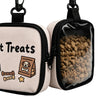 A beige pouch with a zipper holds brown dog training treats and has a hook for carrying.