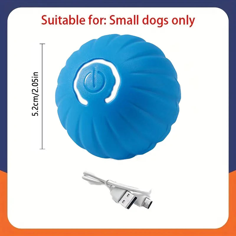 Blauer, automatischer interaktiver Spielball für Haustiere mit sichtbarem Schalter und separatem Ladekabel.