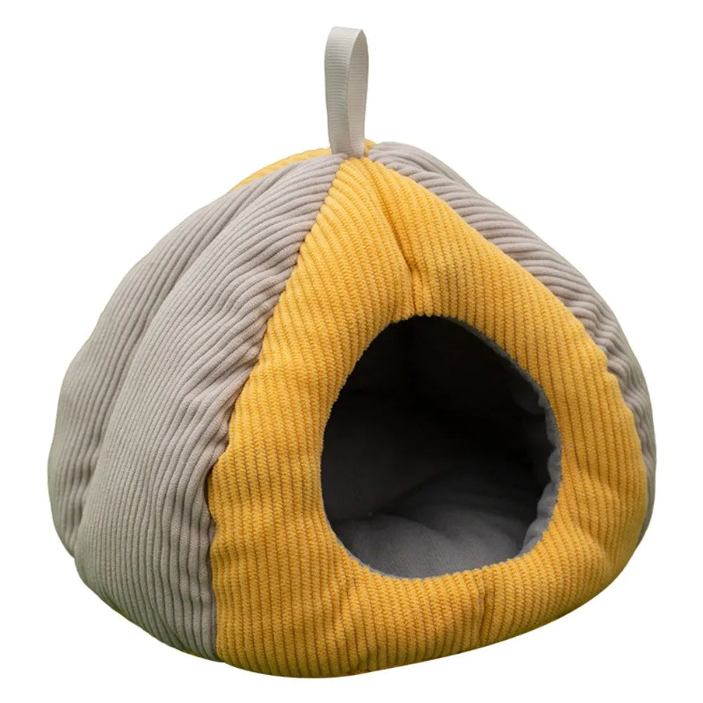 A cozy plush hanging nest shaped like a seed pod, featuring gray and yellow striped fabric.