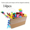 A cardboard box filled with 14 pieces of mixed cat play toys including colorful feathers, ribbons, and assorted shapes.