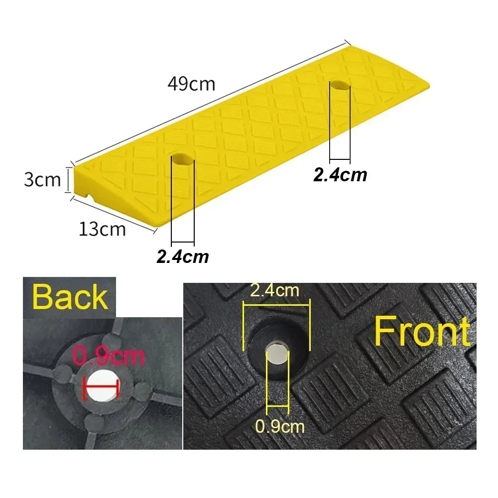 Yellow portable driveway ramp showing dimensions and front/back views.