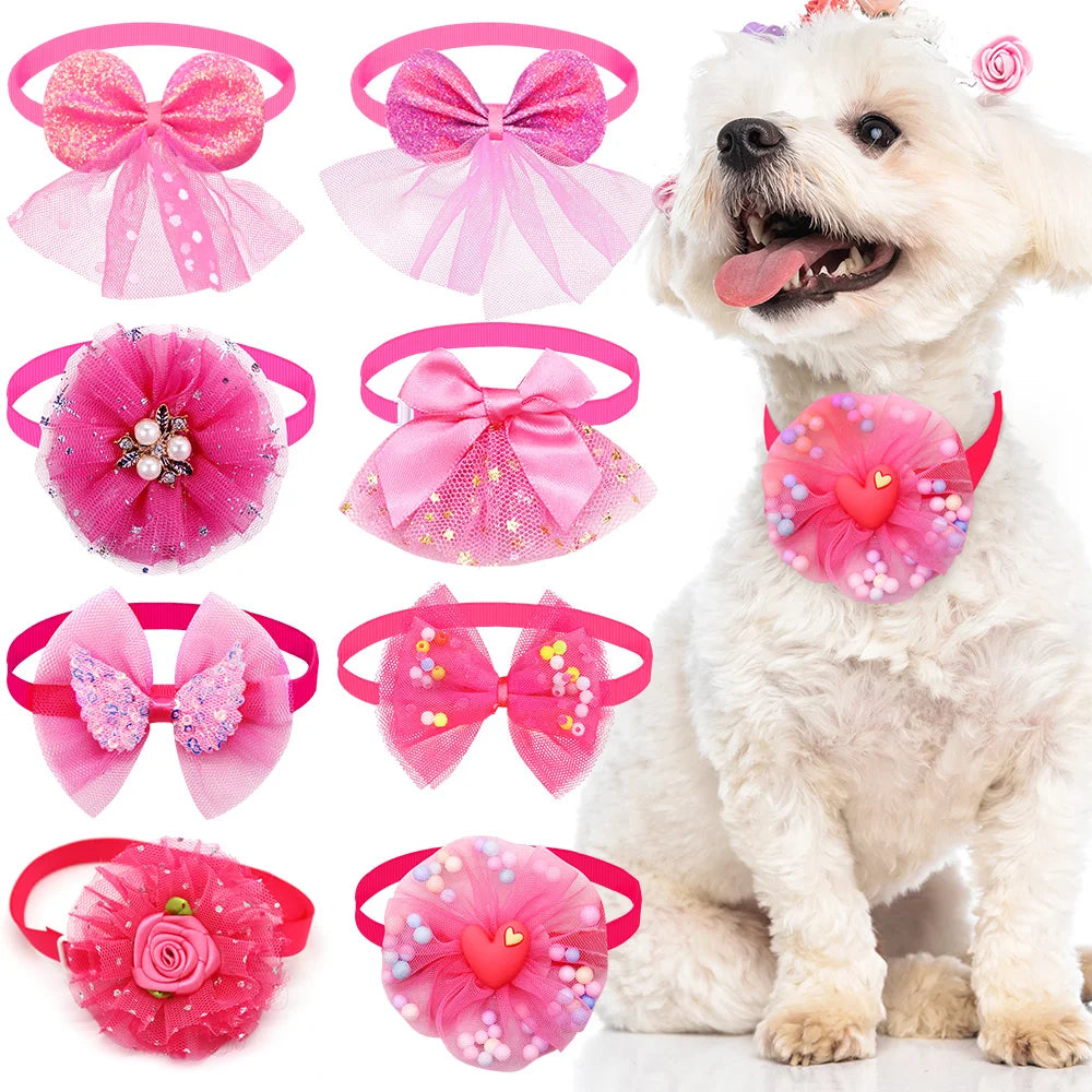 Pink lace bow tie collar accessories for small dogs and cats shown in various styles