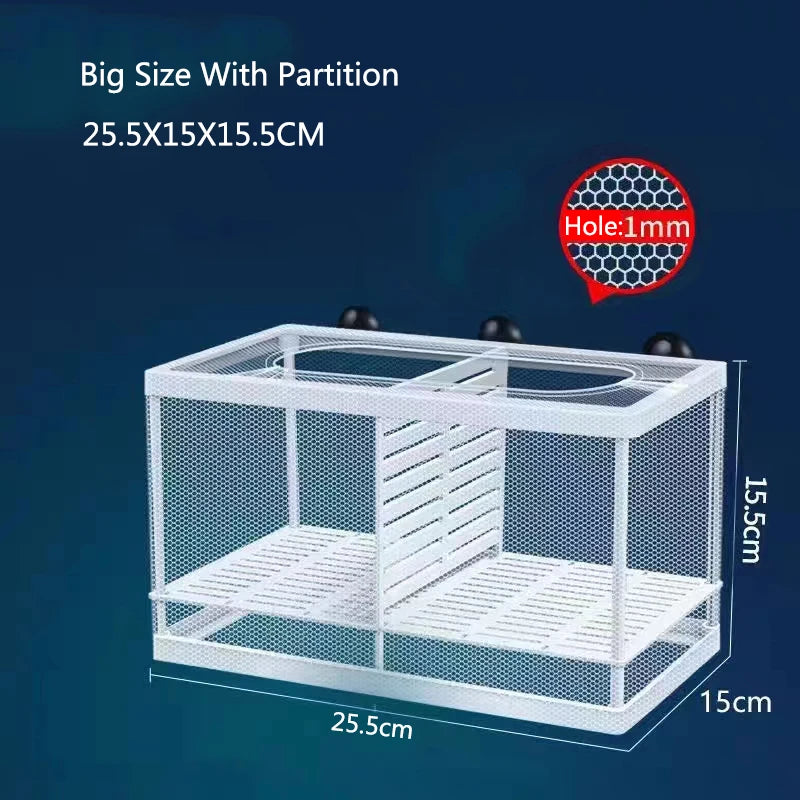 White rectangular aquarium fish breeding isolation box with a partition and suction cups