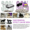 A purple pet deshedding brush is shown next to a pile of pet hair, demonstrating its effectiveness.