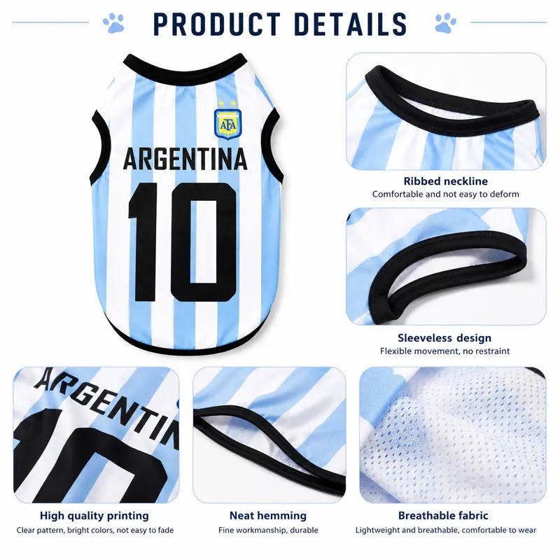 Argentina number 10 sport team dog jersey vest with blue and white stripes