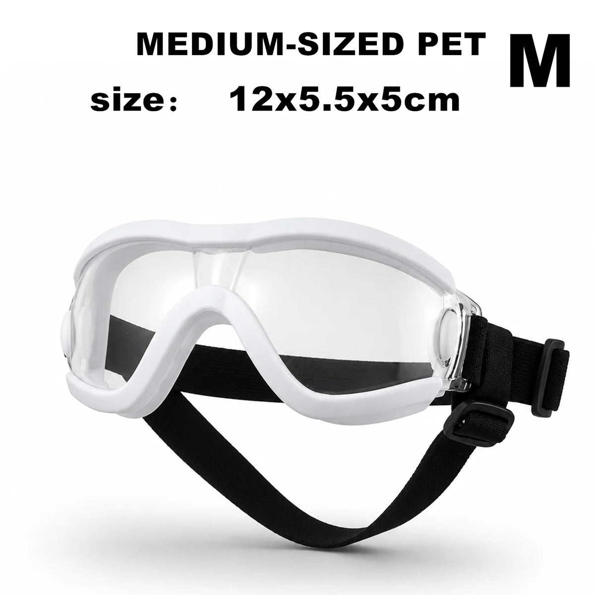 Ein Paar weißer und schwarzer UV-Schutz-Hunde-Brillen zum Augenschutz, gezeigt vor weißem Hintergrund.