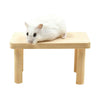 A white hamster is resting on a light wooden climbing platform.