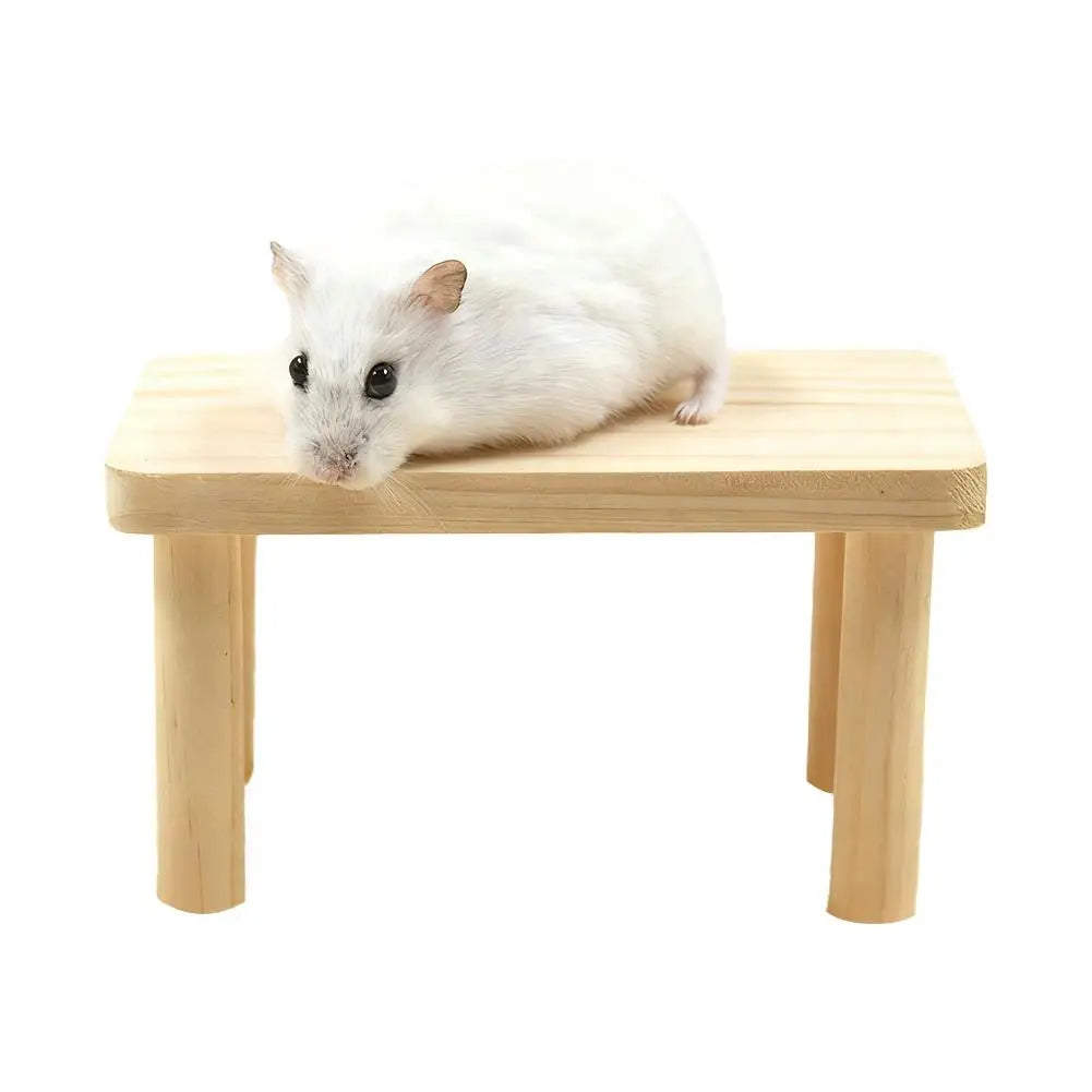 A white hamster is resting on a light wooden climbing platform.