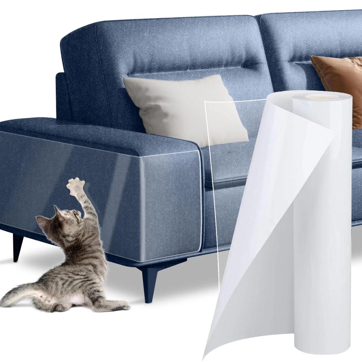 A roll of transparent cat scratch deterrent tape next to a blue sofa with a cat nearby.