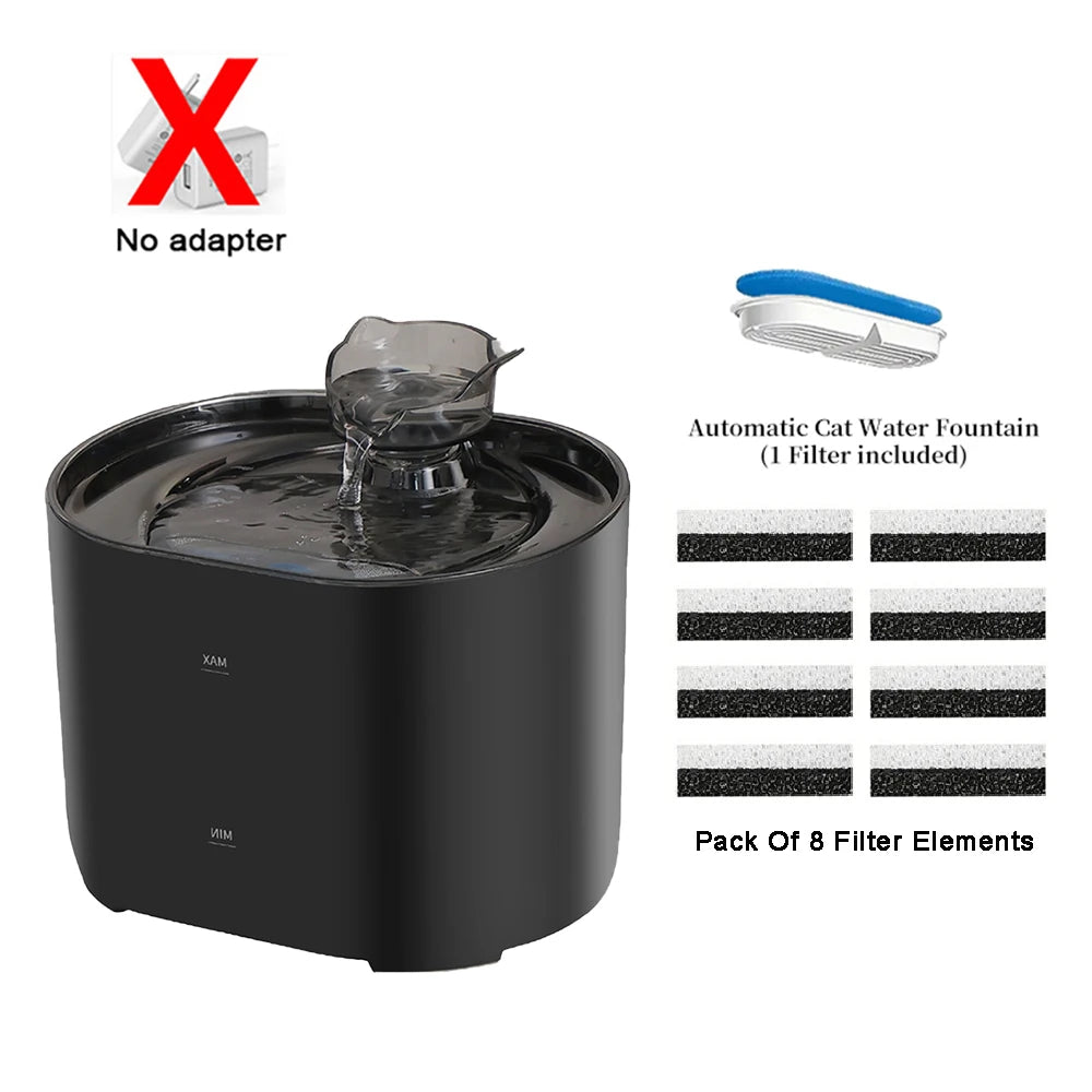 A black automatic cat water fountain with a glass bowl and eight filter elements.