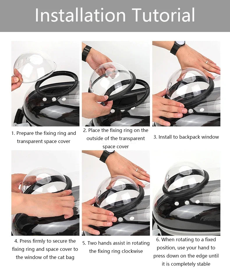Installation tutorial showing how to install a transparent pet carrier cover onto a backpack window.