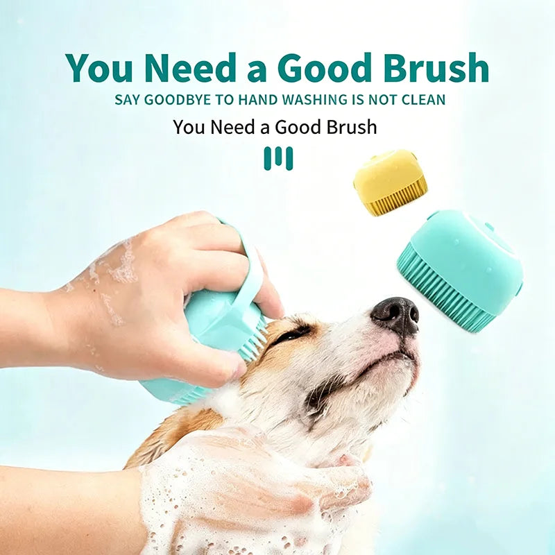 A dog is being bathed by a person using a silicone pet bath massage brush and foam maker.