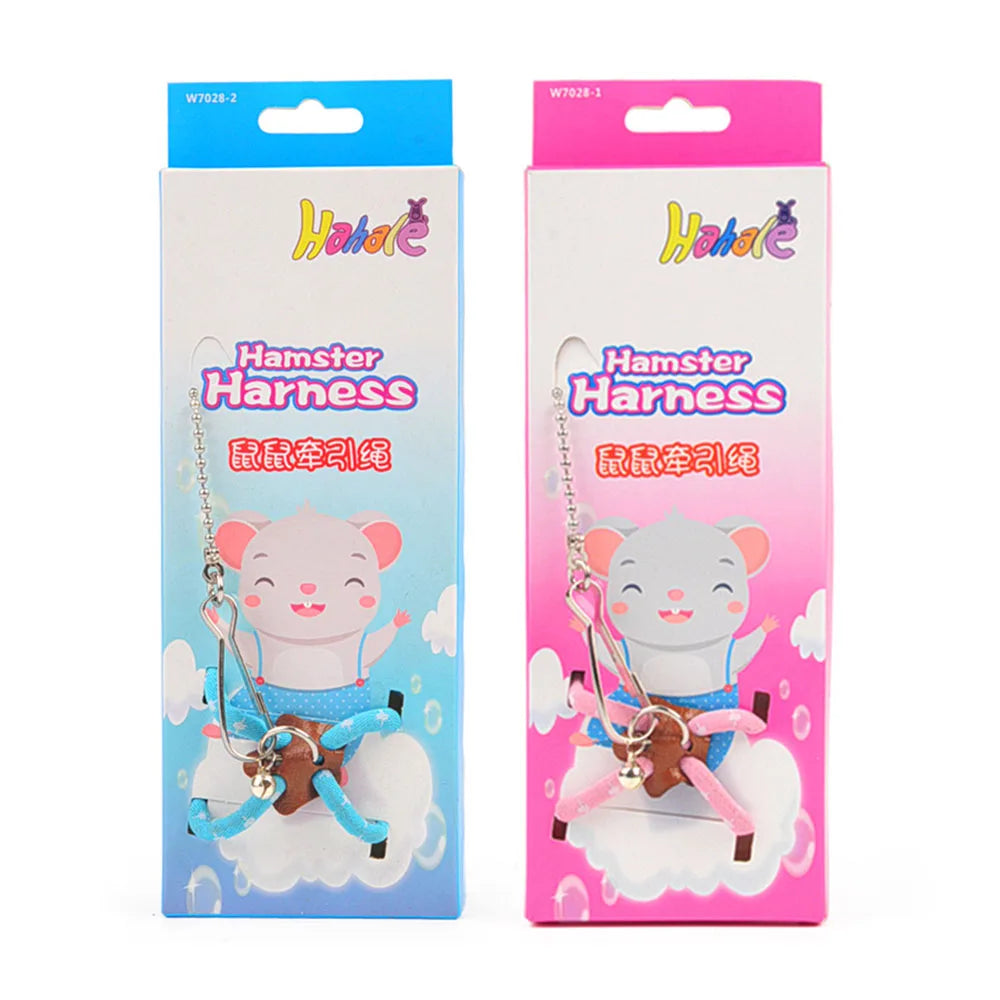 Embalaje rosa y azul para un juego de arnés y correa para hámster con una figura adorable.