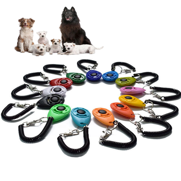 A collection of colorful adjustable pet training clickers and wrist straps with various dog breeds.