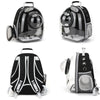 A transparent pet carrier backpack shown in multiple views, including a clear dome carrier and a black padded version.