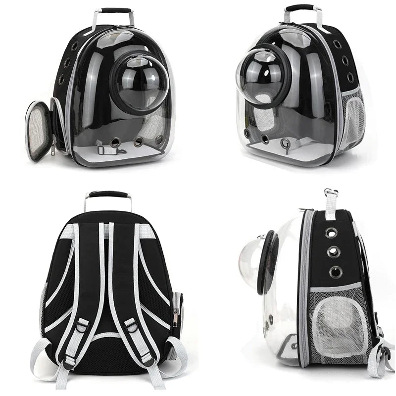 Mochila transportadora transparente para mascotas de perros y gatos en plástico negro y transparente.