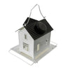 A black solar outdoor bird feeder lantern with a wooden house structure and a metal hanging mechanism.