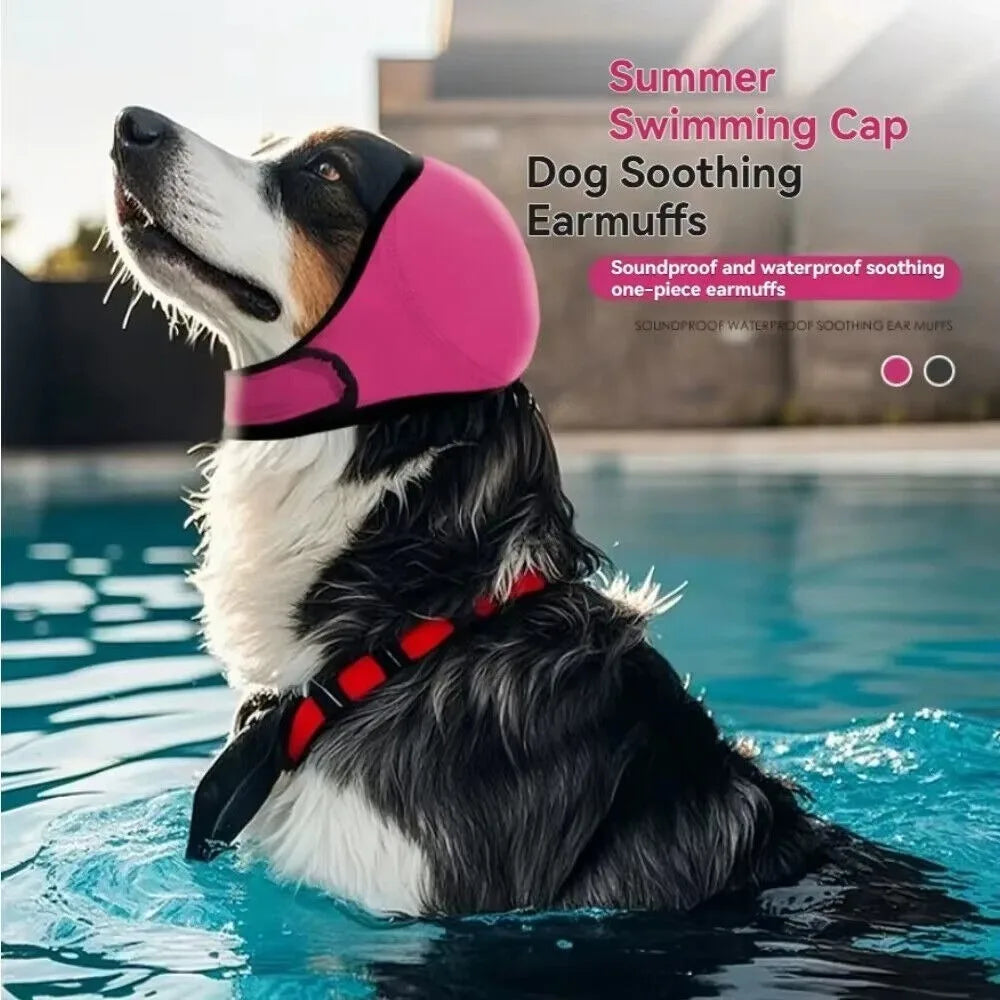 A dog wearing a pink summer swimming cap and earmuffs is floating in blue water.