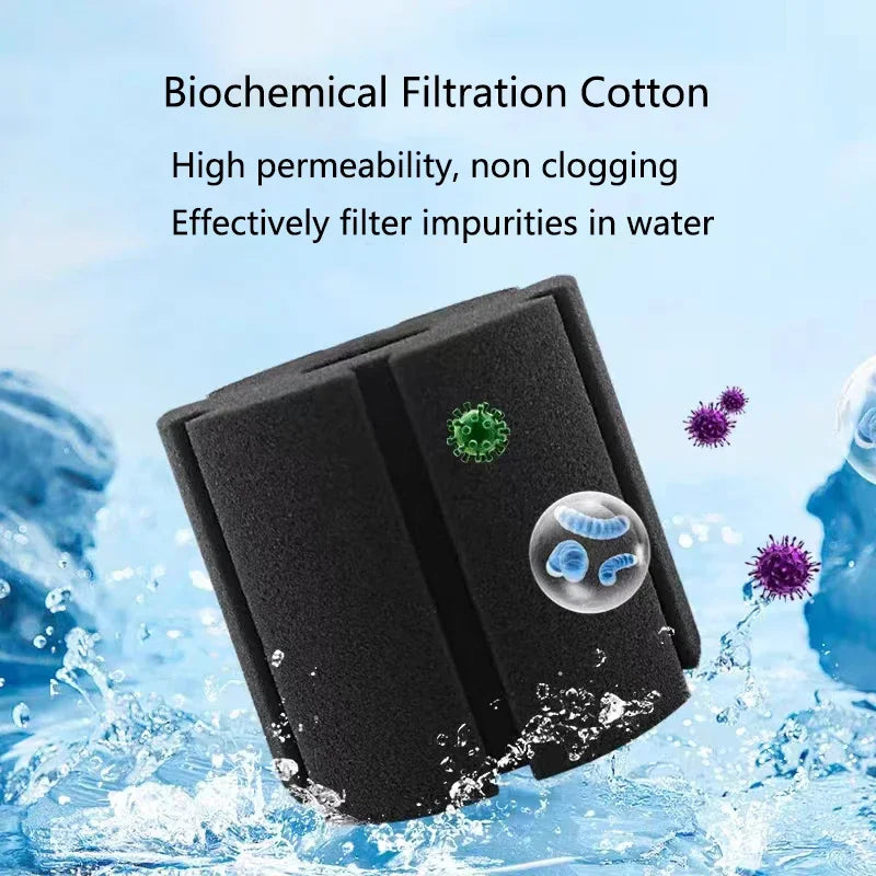 Black biochemical filtration cotton sponges floating in water with small particles