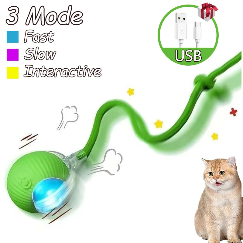 A green automatic interactive cat toy ball with a flexible tail and USB connection, shown next to a cat.