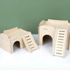 Natural wooden hamster house and activity platform with a curved entrance and wooden climbing stairs.