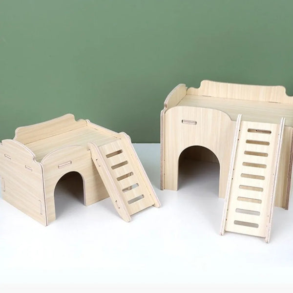 Natural wooden hamster house and activity platform with a curved entrance and wooden climbing stairs.