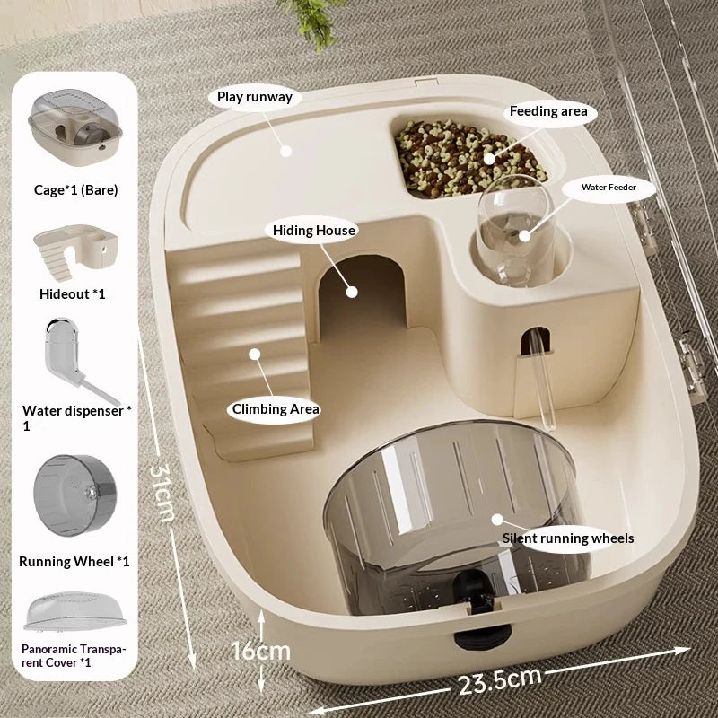 A luxury hamster golden habitat cage showing various accessories like a play runway, feeding area, and water feeder.