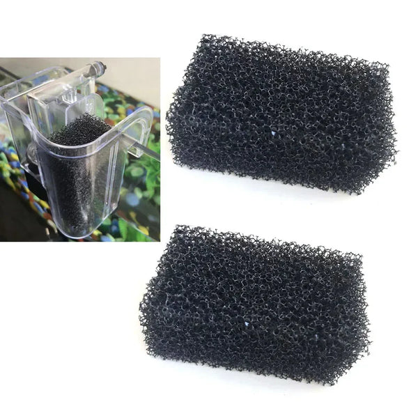 Two black aquarium bio sponge filter media pieces shown in close-up.