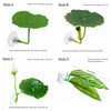 Quatre styles de feuilles de lotus simulées pour poissons Betta, montrant différentes formes et méthodes d'attache