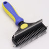 A black deshedding brush with a yellow head and purple handle for dogs and cats.