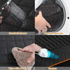 Demonstration of a waterproof dog car seat cover showing handheld shower, machine washability, wiping with a cloth, and vacuu