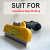 Yellow pet deshedding brush with a black handle and silver bristles shown on a white surface.