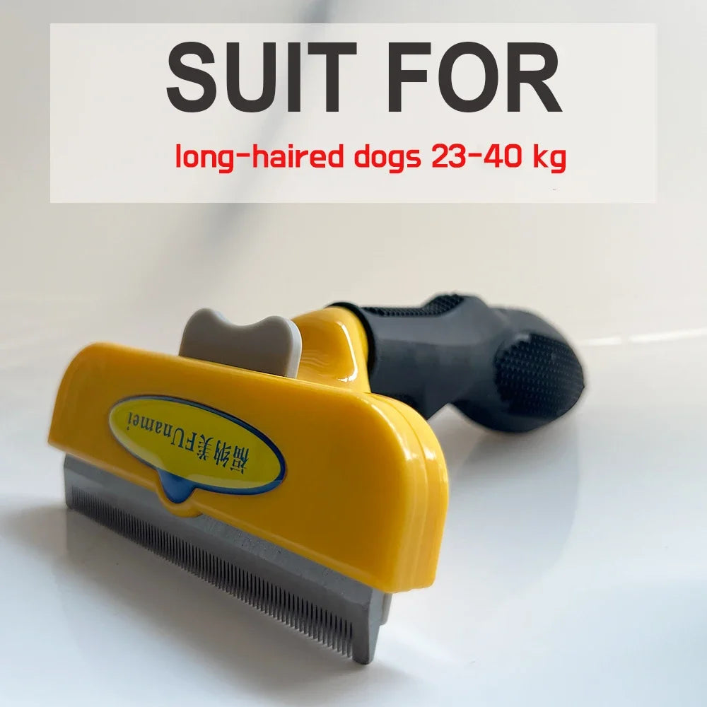 Yellow pet deshedding brush with a black handle and silver bristles shown on a white surface.