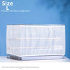 A clear plastic bird cage cover with a silver base is shown against a blue background.