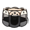 A portable foldable pet playpen with a beige and black mesh design.