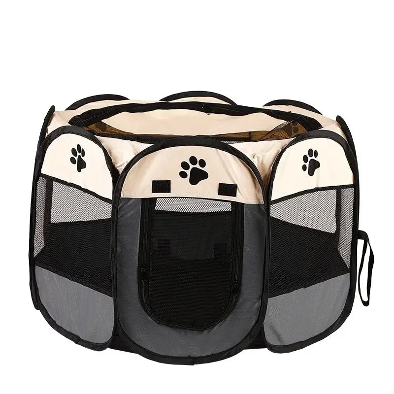A portable foldable pet playpen with a beige and black mesh design.