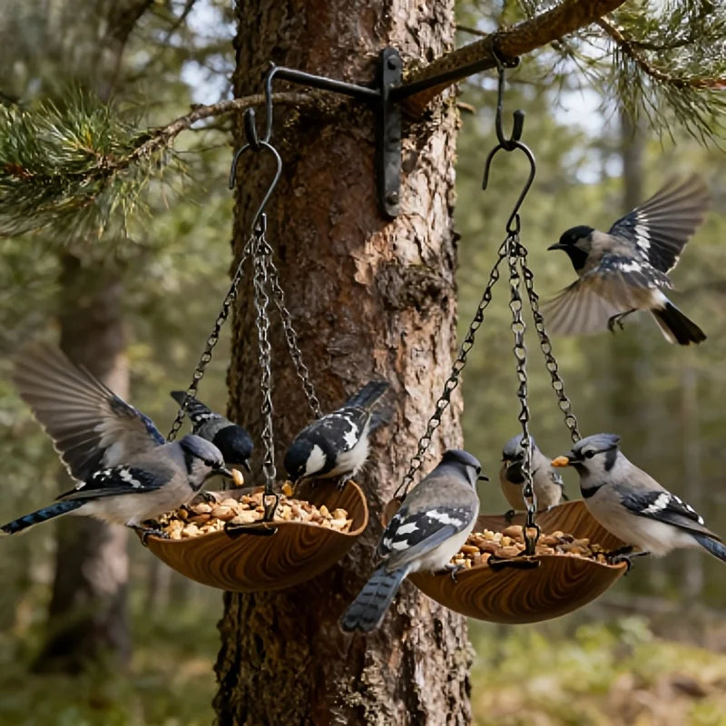 A retro wood grain bird feeder with a hanging iron chain is suspended from a tree branch, holding seeds and birds.