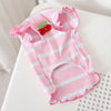 Pink and white striped dog vest with a red strawberry appliqué
